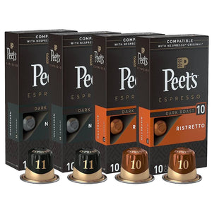 A variety pack of Peet's Coffee espresso capsules for Nespresso Original machines, featuring boxes labeled 'Dark Roast' and 'Ristretto' with Nespresso compatible pods in front.
