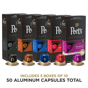 Peet's Coffee Dark, Medium, & Decaf Roast Variety Pack, Box of 50 Nespresso Capsules