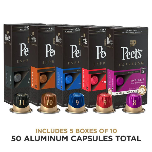 Load image into Gallery viewer, Peet's Coffee Dark, Medium, & Decaf Roast Variety Pack, Box of 50 Nespresso Capsules