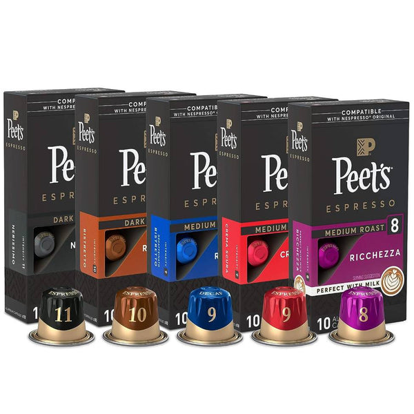 Load image into Gallery viewer, Peet's Coffee Dark, Medium, & Decaf Roast Variety Pack, Box of 50 Nespresso Capsules