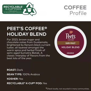 Peet's Coffee Holiday Blend, Dark Roast, Keurig K-Cup Coffee Pods, Box of 10 K-cups