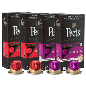 Boxes of Peet's Espresso capsules with color-coded coffee pods visible. From left to right, the boxes are labeled as 'Ricchezza' with red capsules, and 'Crema Scura' with purple capsules.