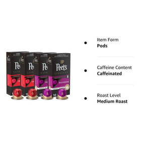 Peet's Coffee Medium Roast Variety Pack, Box of 40 Nespresso Capsules