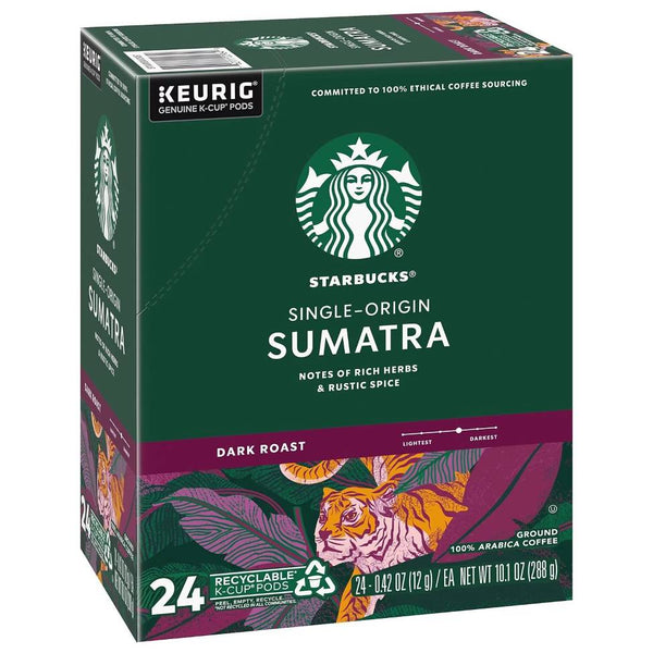 Load image into Gallery viewer, A box of Starbucks Sumatra, Dark Roast, Keurig K-Cup Coffee Pods. The packaging is predominantly green and purple with the Starbucks logo visible.