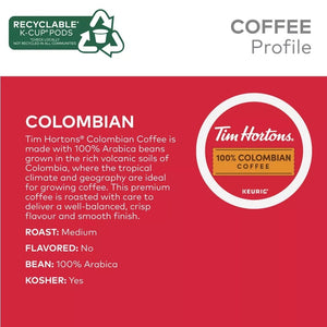 Tim Hortons Colombian, Medium Dark Roast, Keurig K-cup Coffee Pods, Box of 12 K-cups