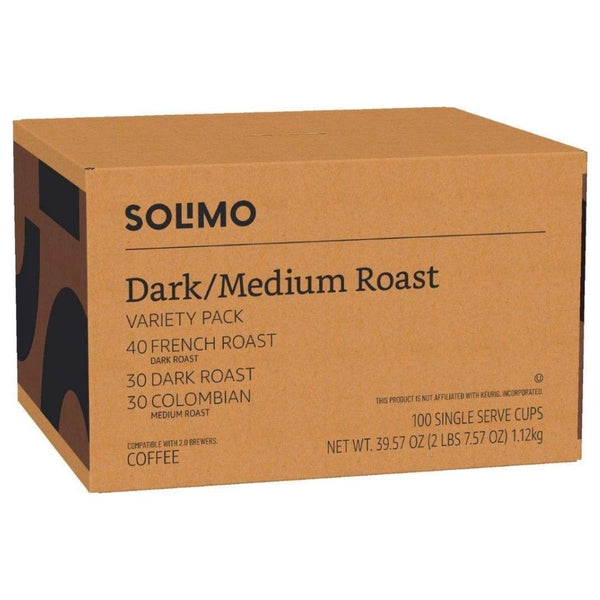 Load image into Gallery viewer, Amazon Solimo Dark/Medium Roast Variety Pack (French Roast, Dark Roast, Colombian), Keurig K-Cup Coffee Pods, Box of 100 K-cups