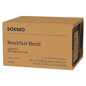 Amazon Solimo Breakfast Blend, Light Roast, Keurig K-Cup Coffee Pods, Box of 100 K-cups