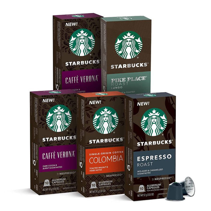 Starbucks Intense Variety Pack (Caffe Verona, Pike Place Roast, Colombia, Espresso Roast), Box of 50 Nespresso Capsules
