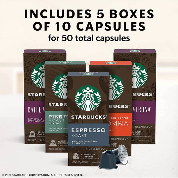 Load image into Gallery viewer, Starbucks Intense Variety Pack (Caffe Verona, Pike Place Roast, Colombia, Espresso Roast), Box of 50 Nespresso Capsules
